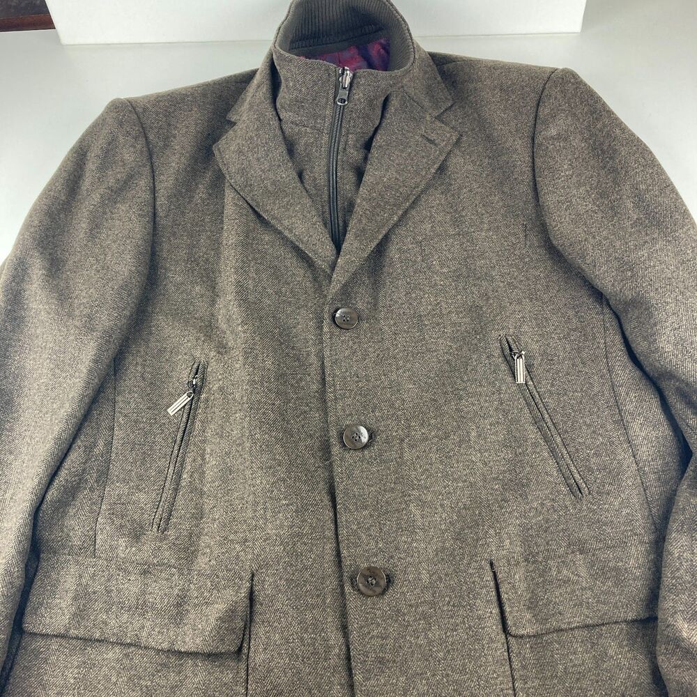 Inserch Mens L Herringbone Blazer Sport Coat Removable Zip Mock Neck Brown